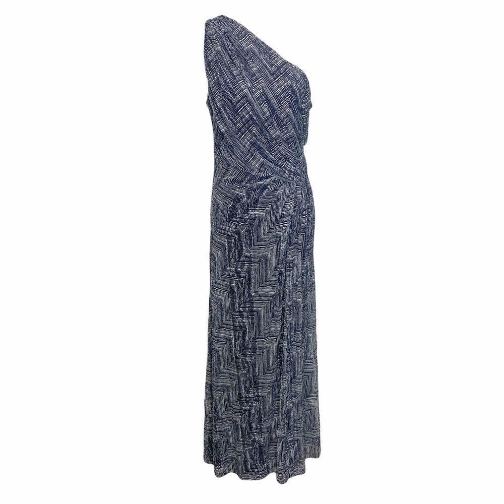 David Meister One-Shoulder Navy and White Patterned Maxi Dress Size 12